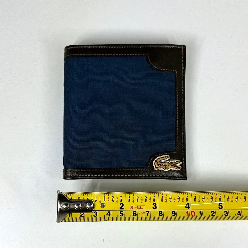 Lacoste Vintage Mens Bifold Wallet Navy Blue Canvas Brown Leather Crocodile Logo